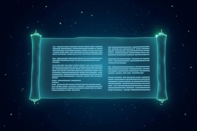 Dark blue starry background with a futuristic digital scroll in the center. The scroll is semi-transparent and unrolling. It has 12 glowing white lines on it. Subtle green and blue light effects surrounding the scroll symbolize tech like AI and blockchain.