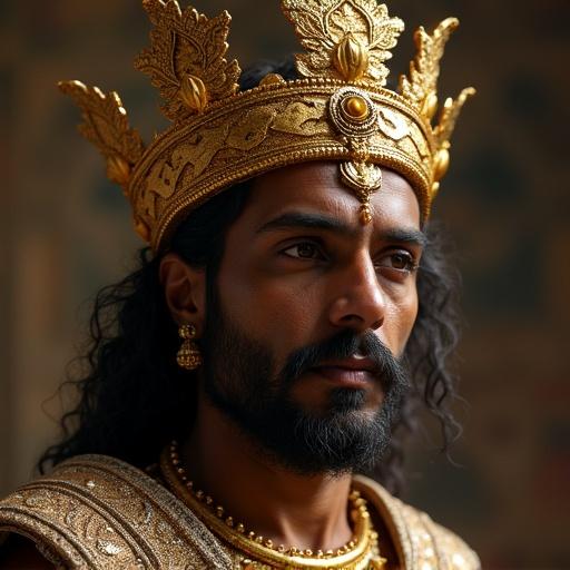 Ancient Indian king wearing a golden crown inspired by Indian jewelry in a photorealistic style.