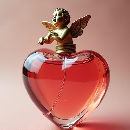 Heart shaped perfume bottle with a cupid on top. Soft lighting highlights the design. The cupid statue adds a romantic touch. Displayed against a pastel background.