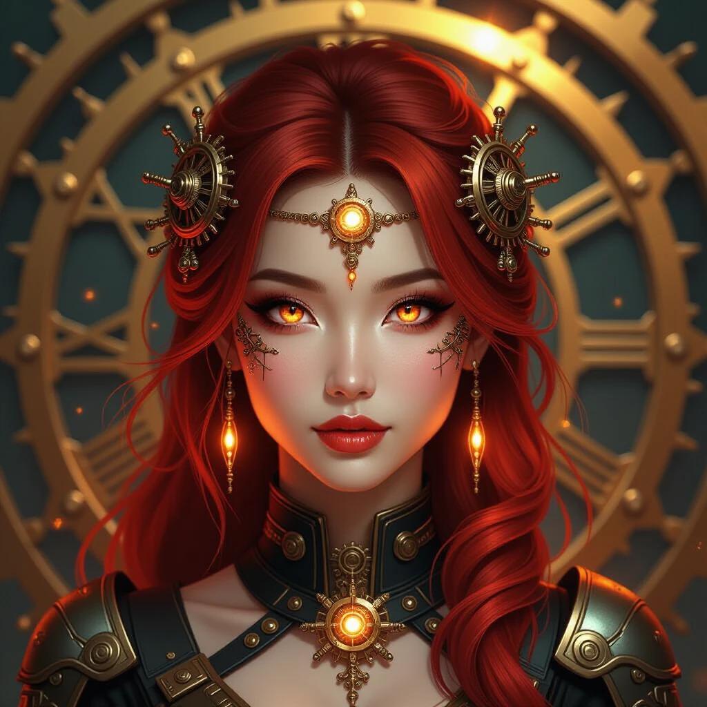 Digital art portrait of beautiful asian woman. Glowing orange eyes. Fiery red hair. Adorned with intricate steampunk gears. Mechanical-inspired outfit. Background of clockwork machinery. Sparkling with golden light.