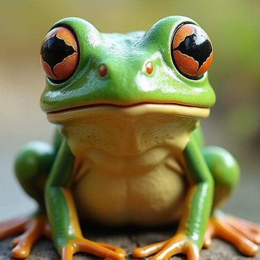 Close-up view of a surprised green frog with bright orange eyes sitting on a rock against a blurred background.