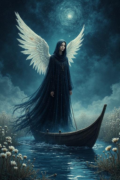 A female angel covered in a cloak of stars guides a skeletal boat across a river of liquid obsidian. Fields of faded flowers and spectral figures are on either side. The sky is fragmented like a dark stained-glass window. The angel’s face is covered with only her compassionate eyes visible.