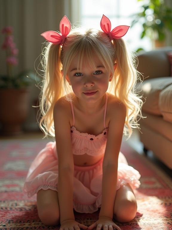 A playful girl kneels on a colorful rug in a softly lit living room. She wears a crop top and pink mini-skirt, with pink bows in her long blonde hair. The scene captures a fresh and cheerful mood.