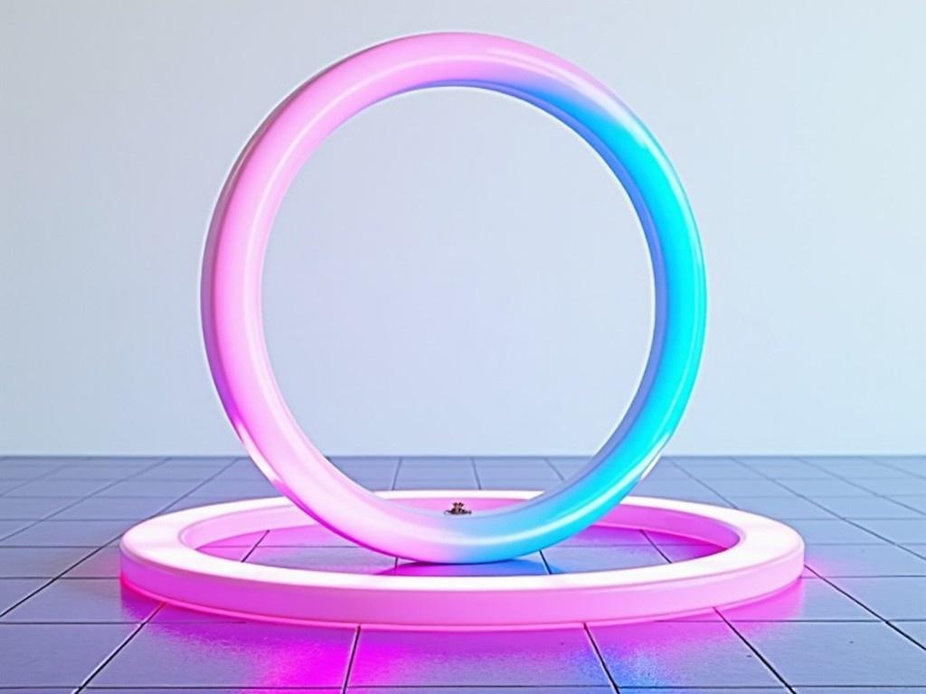 The image features two glowing neon circles, one on top of the other. The circles emit calming blue and purple hues, creating a stunning visual effect. They are placed on a tiled floor, enhancing the modern aesthetic. The background is simple and white, allowing the colors of the circles to stand out vividly. This artwork blends technology and art, making it perfect for contemporary settings.