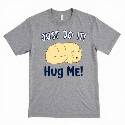 A heather gray t-shirt with a cartoon cat design. The cat is light yellow, curled up, resembling a croissant. Above the cat is the text 'JUST DO IT!' in a bold font. Below the cat, the words 'Hug Me!' are displayed in a larger font. The design is simple and humorous, appealing to cat lovers.