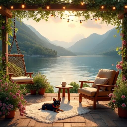 Cozy lakeside terrace with lush greenery. Comfortable armchair with beige cushion. Small wooden table with a steaming cup. Black and tan puppy with red collar on a white rug. Mountains and lake background. Soft golden light. Painterly oil painting style. Warm colors. Idyllic calm mood. Four wicker chairs. Hardwood flooring and area rug. Cozy wooden porch. String lights above.