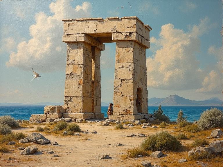 Feature of the Colossus of Rhodes surrounds with ancient architecture. Stone archway by the sea with rocks and shrubs. Clear blue sky with clouds. Luminous colors create depth. Evocative and magical atmosphere. High resolution and stunning composition.