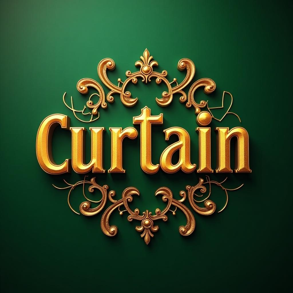 Golden text "Curtain" on a vibrant green background, features diagonal spell effects, ornate details, luxury design elements, suitable for gaming or gambling industry.