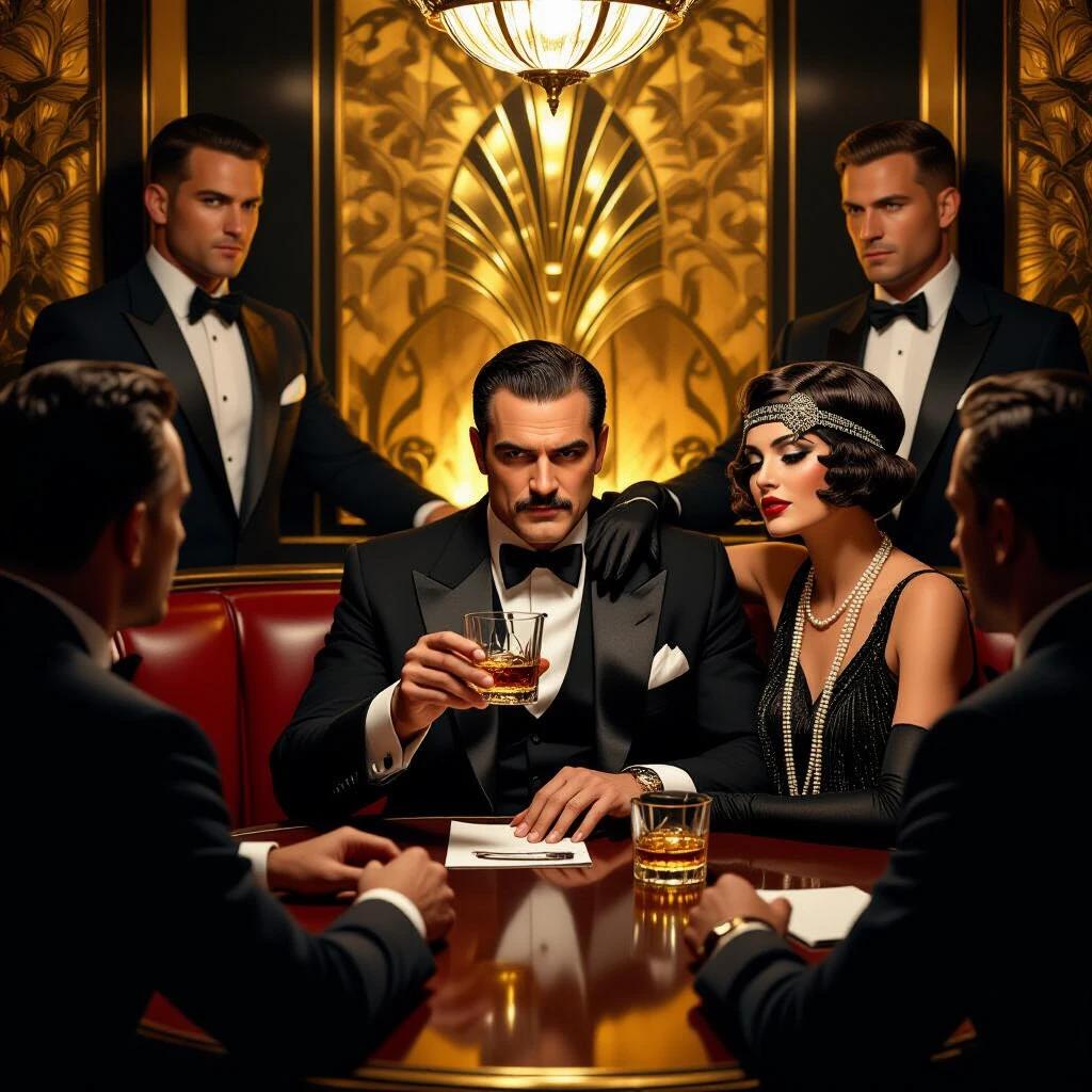Mob boss holding court in a private booth. Flanked by bodyguards and a confident flapper. Giving orders over a whiskey glass. Gold and black art deco interior. Realistic style.