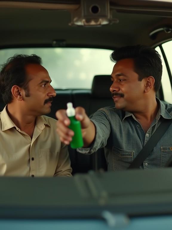 Over-the-shoulder shot captures Banti in the front seat extending a green Odomos Spray to Babli. Babli acknowledges with slight hesitant nod. Their expressions are natural and subtle. The cab interior is clean. Portrait composition.
