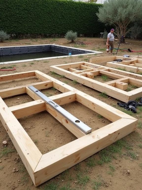 Series of rectangular wooden frames in a construction project. A person works on the frames. The wood is light brown, with some darker patches. The ground is brown soil mixed with green grass. Frames are sturdy with visible nails. The scene includes a pool area under construction and tools scattered around. There is a green hedge and an olive tree in the background.
