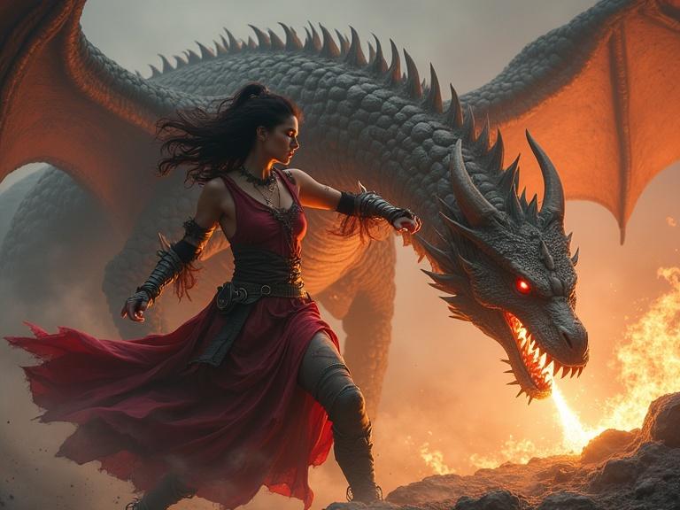 a female mage engaged in battle with a dragon. The setting is dramatic with a fiery background and striking lighting.