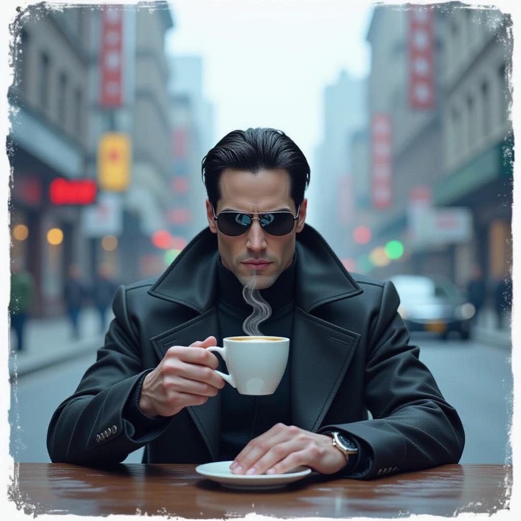 Young man in a stylish black coat wearing sunglasses. Holding a cup of coffee. Urban street in the background. Morning setting with soft light.