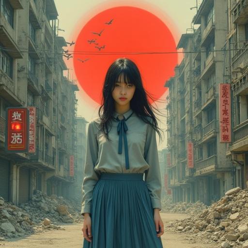 Young woman with pale skin and long dark hair. Dressed in a grey blouse with a ribbon tie and a pleated blue skirt. Stands in a crumbling urban street with retro apartment blocks. Large red sun halo above. Vintage traffic light glowing red. East Asian signage present. Ground covered in rubble with birds mid-flight. Symmetrical composition with flat depth of field. Equal sharpness throughout with a muted dusty vintage color palette. Retro-futuristic surrealism depicted. Painterly vector graphic aesthetic with subtle film grain. Vintage offset printed poster style illustrating an alternate dystopian past.