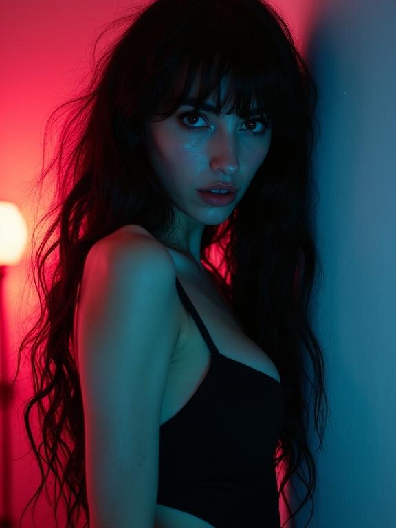 Photograph features a beautiful woman with long black hair and a black minidress. Softbox lighting creates neon effects. Surreal and gothic tones. Taken from a low angle, highlighting her features.