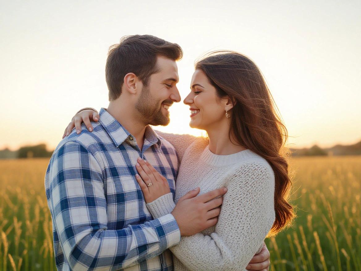 A couple is embracing in a golden field during sunset. They are smiling at each other, radiating warmth and love. Both are casually dressed. The scene conveys a sense of romance and closeness.