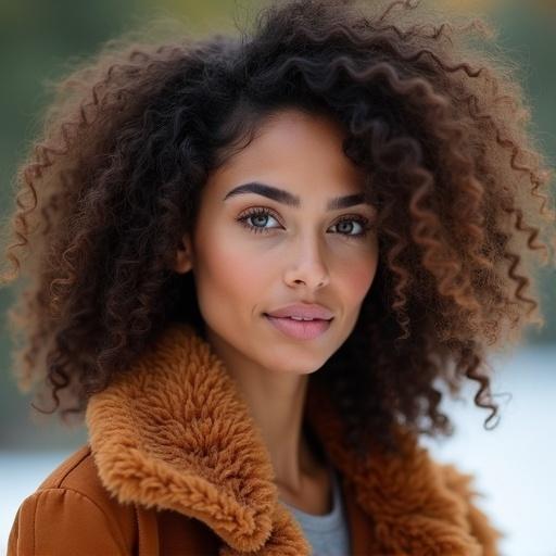 Young woman with curly hair looking at the viewer. Wearing a rust-colored jacket with a furry collar. Natural makeup with emphasis on lips. Softly blurred background hints green and white suggesting outdoor setting.