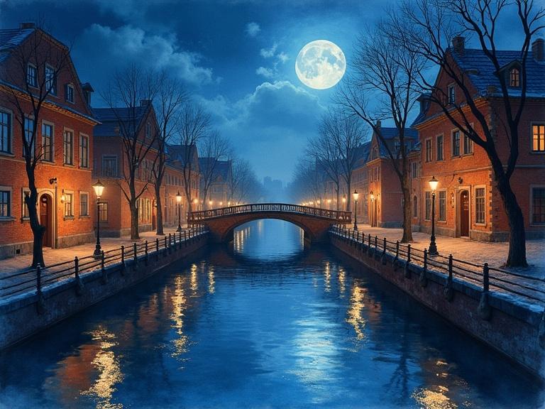 Canal scene at night with ancient buildings and a bridge. Watercolor techniques are used. Scene is cinematic and artistically designed. Moon is full and casts light on the water. Street lamps glow warmly.