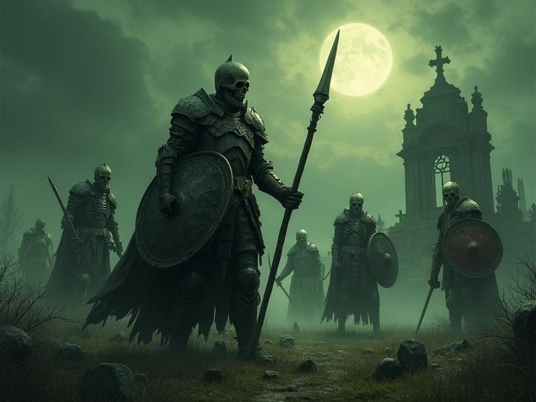 A hyper detailed realistic image of seven skeletal enemies in a gloomy graveyard. Leader at eye-level wields spear and shield. Skeletons in broken armor stand back with swords and axes. Distressed armors and shields. Grave markers scattered. Deteriorating mausoleum visible. Moonlight through storm clouds. Creepy yellow-green fog. Dramatic lighting creates ominous feeling.