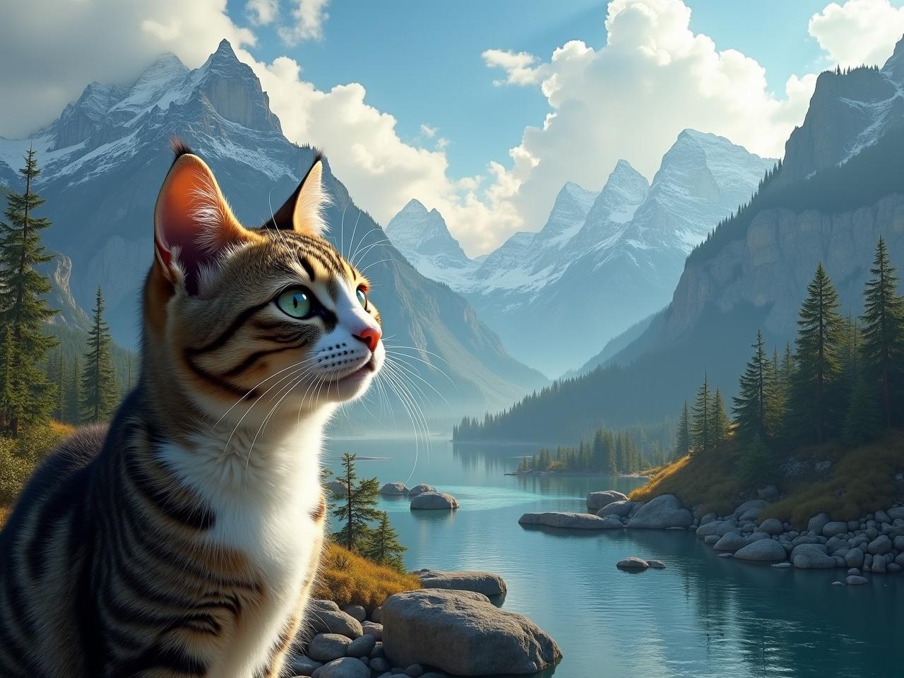 A lifelike and detailed landscape featuring towering snow-capped mountains. In the foreground, a calm river winds through a lush valley surrounded by diverse forests. Fluffy clouds float above, with low mist hugging the valley below. Boulders can be seen dotted throughout the river, and distant birds can be spotted. A cropped close-up of a tabby cat's head and back reveals its striking whiskers and fluffy white underfur, with vivid, expressive eyes gazing at the scenery.