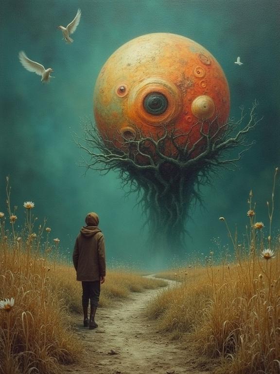 A surreal landscape features a giant orange planet with an eye floating above. A figure stands on a path surrounded by tall grass and flowers. Birds fly in the sky, adding elements of nature to the scene. The art style reflects the unique and eerie approach of Zdzisław Beksiński.