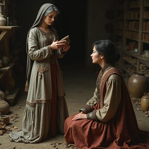 A wise elderly woman with gray hair and wrinkles. She wears a thick grayish-beige tunic with a hood. A younger ethereal-looking woman with long dark hair sits nearby. She wears an elaborate dark red outfit with intricate details. The young woman holds a red thread. They are in an ancient storage area filled with artifacts. Background features shelves with books and vases. Soft lighting adds mystery.