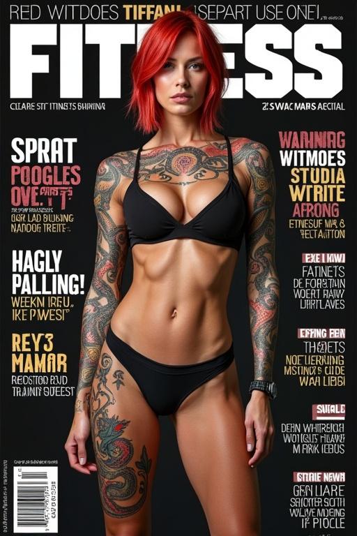 A fitness magazine cover with a powerful woman. She has short red hair and intricate serpent tattoos. Dressed in training shorts showcasing muscular physique. The magazine highlights fitness themes.