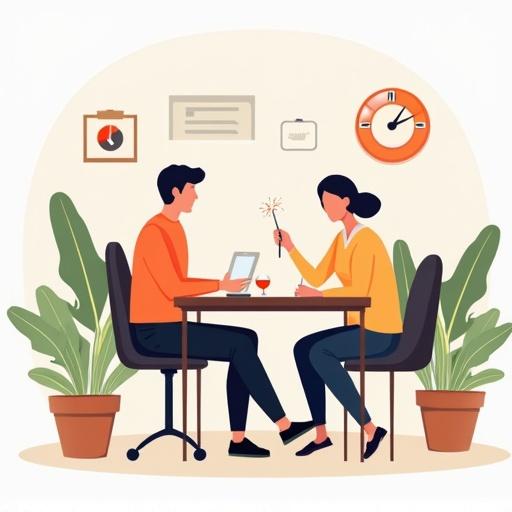Flat illustration depicting a lunch break in an office setting with two people at a table surrounded by plants