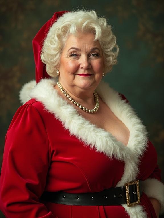 A vintage pinup portrait of Mrs. Claus. She has a plump body type and is elegantly dressed in a red and white outfit. The image captures her looking directly at the viewer with a confident smile.
