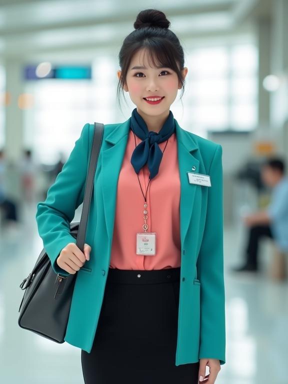 Full body image of a late-20s East Asian female airport ground staff. She wears a coral-pink long-sleeve mandarin-collar chiffon blouse and turquoise round-collar blazer. The outfit is completed with a black pencil skirt, black pantyhose, and black closed-toe low-heel pumps. Her black hair is styled into a bun. She has a cute plump face with light makeup and red lips, smiling sincerely. A name tag is pinned on her blazer, and she wears a silver lanyard holding her ID badge. A dark-blue gingham scarf is tied around her neck. The background features an airport terminal. A dark-grey satchel is slung over her shoulder.