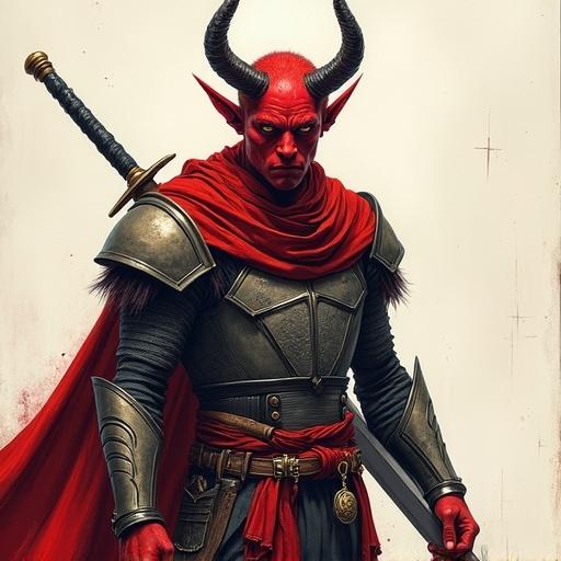 Pen sketch of a male tiefling paladin with red skin. Character has two short horns and is wearing a charm. Dressed in chainmail and plate pants, holding a long sword. Intense expression on his face, stylized 2.5D look. Visible pencil strokes and paper texture with matte shading. Features soft cel shading and soft lighting with artistic depth of field. Fusion of Arcane and Klaus styles.