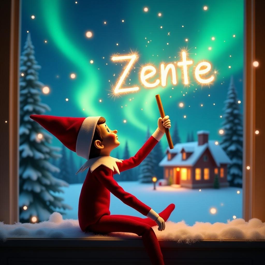 An elf on the shelf sits back to the viewer. Elf gazes skyward. Elf holds a glowing wand emitting sparkling light. Background shows a charming Christmas scene. Colorful northern lights swirl above. Cozy house in the distance decorated for holidays. Snow covers the ground. Elf is in playful position. Spirit of magic and wonder associated with Christmas. Name Zente written in the air with the wand.