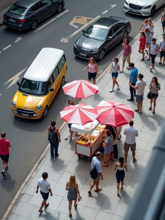 Elevated photo of a busy urban street. People walking and standing. Street food vendor with a van and colorful umbrellas. Star-shaped pavement patterns. Casual clothes. Cars on the road. Asphalt surface and tiled sidewalk. Bright daylight with slight overcast. Modern urban setting. Various ethnicities. Some carrying bags. Small crowd near vendor. Black and yellow cars. Food cart with a canopy. People in motion. City atmosphere. Street art visible. Overhead shot capturing bustling environment.