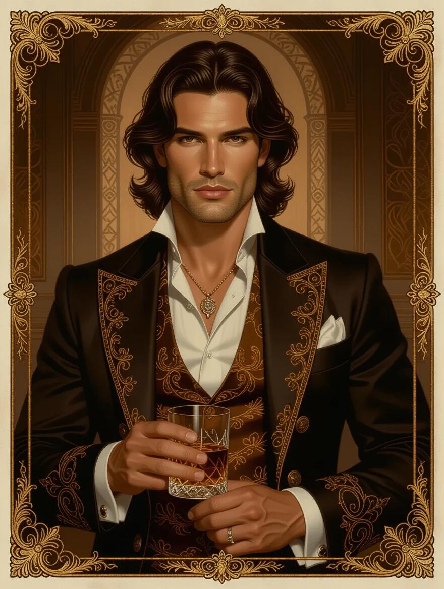 Oil portrait waist up of a handsome muscular Spanish man in his 20s with long wavy brown hair tied back and dark tan skin. He wears ornate ochre colored modern formalwear and holds a glass of whiskey. Background features a dim mansion room. The color scheme is primarily ochre. The tone of the artwork is dark and mysterious with an art nouveau border.