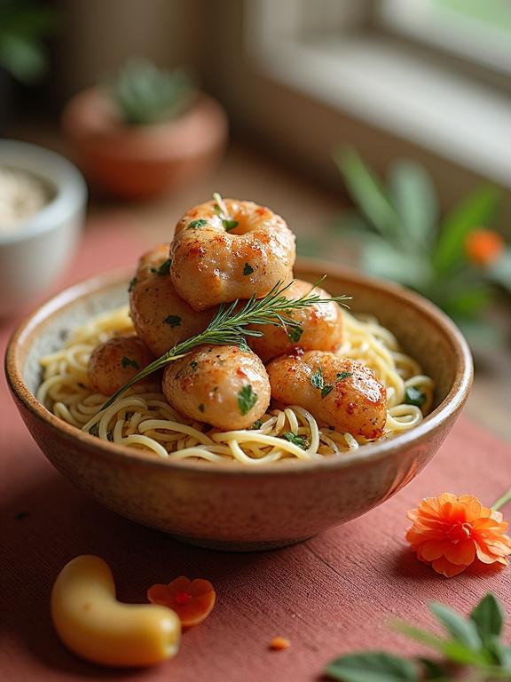 A close-up view of a dish featuring shrimp on spaghetti elegantly arranged in a bowl. The shrimp is glistening with sauce, garnished with herbs, resting on a bed of noodles. The background is softly blurred, creating a warm, inviting atmosphere with natural lighting.