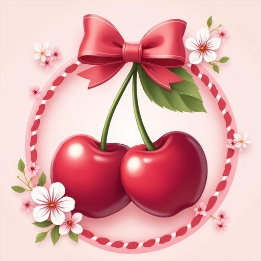 A cute pair of cherries on a light pink background with a red and white ribbon border featuring a big bow and cherry blossoms.