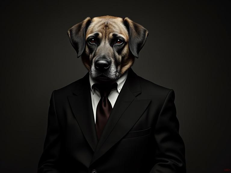 A portrait of a powerful dog mobster. The image has a dark and moody aesthetic inspired by film noir and elements reminiscent of the Godfather style.