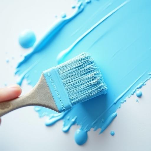 Artistic close-up of a flat paintbrush applying blue paint on a white wall. Soft lighting creates a cheerful inviting mood. Focus on the paint application.