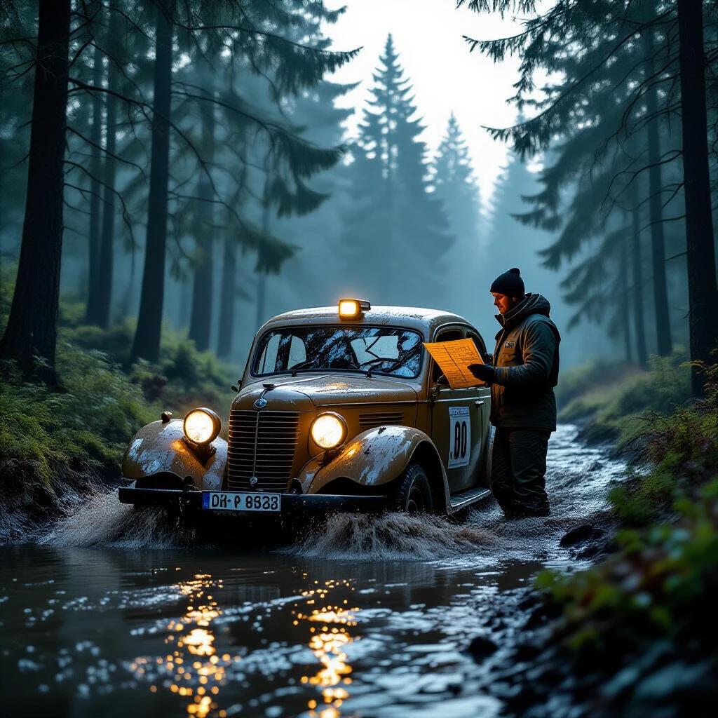 1938 Dacia prototype rally car fording a stream in the Carpathian forest. The vehicle is mud-splattered. The car has a spotlight illuminating mist. A navigator is holding a period map. Pine needles are visible on the hood. The scene captures a cinematic style with realism.