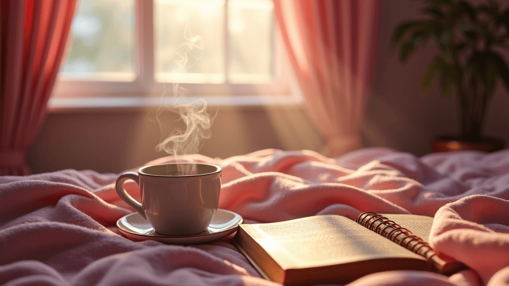 A steaming cup of coffee and an open journal rest on a pink blanket, with sunlight streaming through a window.