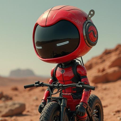 Create a futuristic motorcycle resembling the one from the movie Alita. The motorcycle is sleek and red. An astronaut in a matching red suit is riding it. The background features a Martian landscape with soft details.