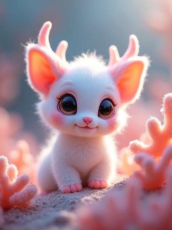 Fantastical creature with a tiny rounded body and large head. Fluffy ears and a tiny smiling mouth. The creature is surrounded by pastel coral-like branches in a dreamy background of soft blues and purples.