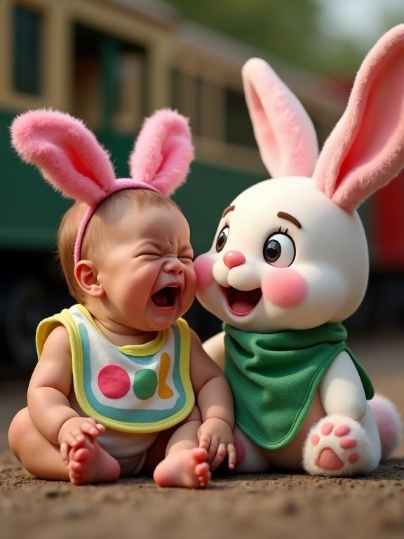A vibrant playful scene features a baby in a multicolored bib with a lively pink and white rabbit wearing a green bandana. Background suggests a train setting creating a whimsical atmosphere. Soft warm lighting highlights contrasting emotions between the baby and the rabbit.
