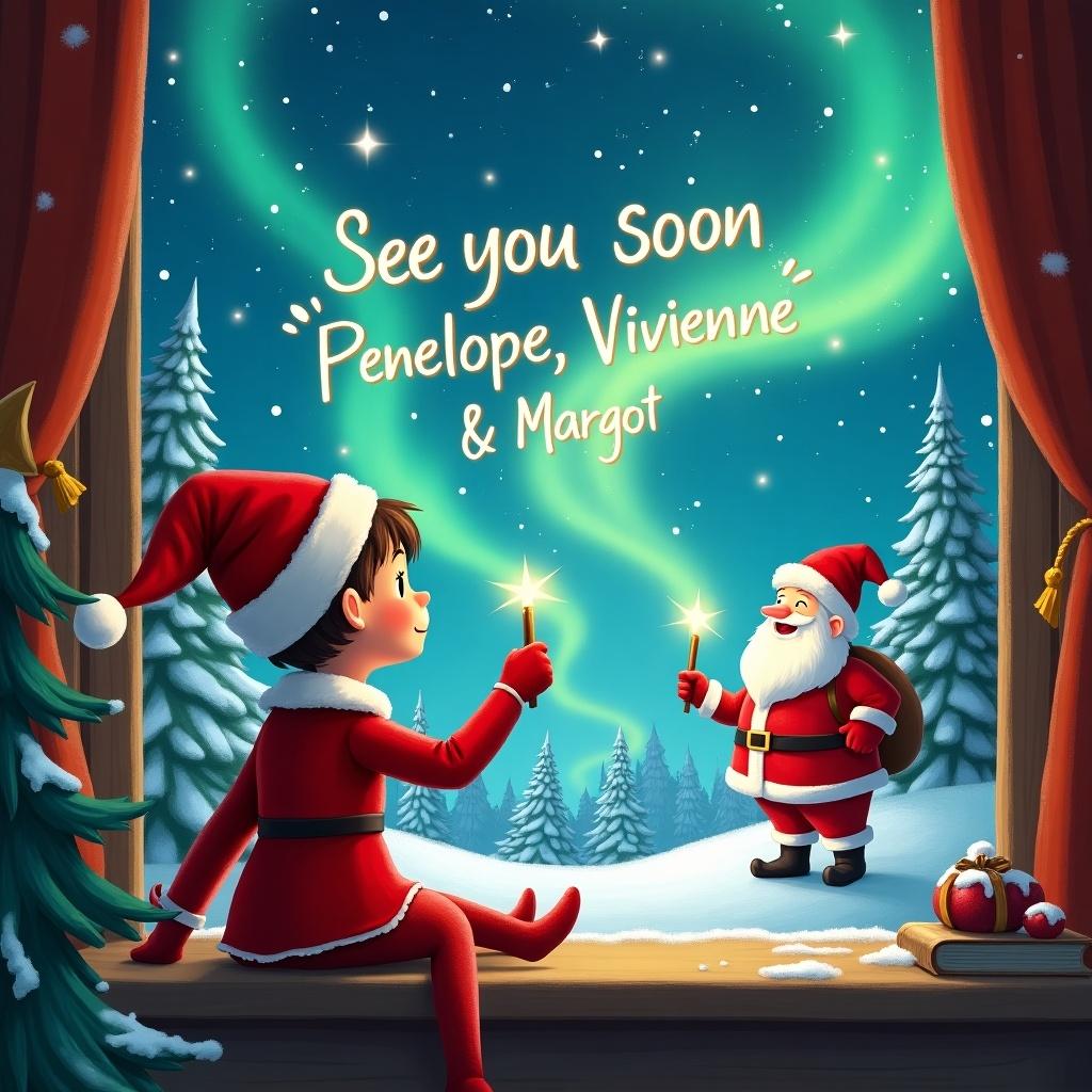 The image depicts an enchanting Christmas scene with an elf sitting by a window, gazing at the sky. The elf, clad in a vibrant red suit, is holding a magic wand. With this wand, the elf is writing the name ‘See you soon Penelope, Vivienne & Baby Margot' in the twinkling air. In the background, a dazzling display of northern lights illuminates the night sky, while Santa Claus, also wielding a wand, assists in this magical activity. Surrounded by cheerful trees and shimmering snow, the scene radiates the joy and wonder of the holiday season. It captures the essence of Christmas enchantment and festivity.