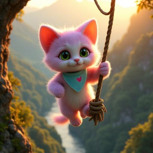 Fluffy anthropomorphic kitten climbs a towering jungle tree. Kitten has pastel pink and lavender fur. Large expressive green eyes and oversized head. Climbing with tiny paws using thick vines. Ancient tree with gnarled bark. Below, a vast canyon and river valley. Scene bathed in golden sunrise light.