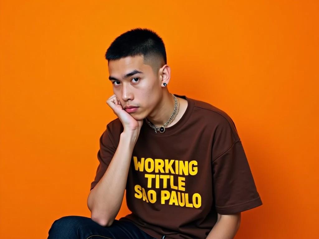 The image features a young person sitting against a vibrant orange background. They are wearing a brown oversized t-shirt that has a stylish text design in yellow. The individual has a short haircut and appears to be deep in thought, resting their chin on their hand. Their expression is serious and contemplative, adding an artistic vibe to the overall composition. A necklace can be seen around their neck, and they have an earring in one ear. The bottom of the image includes the text "WORKING TITLE SÃO PAULO" which might indicate the brand or project related to the photo.