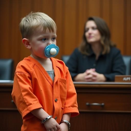 Young boy in orange jumpsuit pretends to be a prisoner. He has handcuffs and an oversized pacifier. He appears emotional and is acting out a serious scenario in a courtroom. The mother is a judge. The environment has wooden panels and seating.