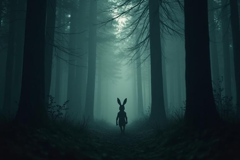 Silhouette of a rabbit with large ears in a dense shadowy forest surrounded by tall dark trees and deep shadows.