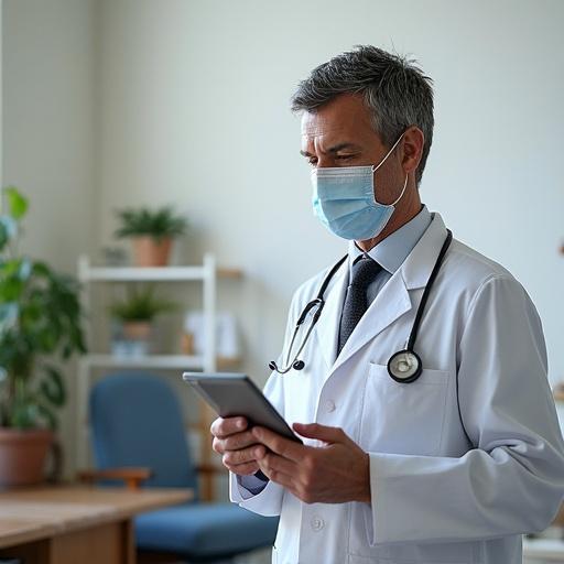 Image of a healthcare professional holding a phone while wearing a lab coat and stethoscope. Demonstrates factors increasing tuberculosis infection. Focus on a clean medical environment with plants and furnishings.