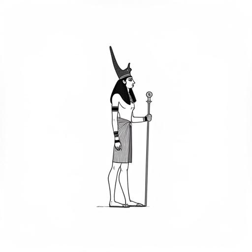 Black and white line art of an ancient Egyptian deity or pharaoh. Figure in side profile facing right. Wears Nemes headdress with Uraeus serpent. Holds a staff or scepter. Detailed linen bandages on arms and legs. Traditional sandals on feet. Design inspired by ancient Egyptian art. Full body against white background.